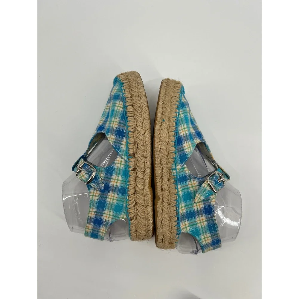 Andre Assous Plaid Espadrille T-Strap Platform Sandals Blue Green Womens 6